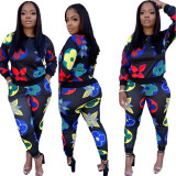 Casual Pattern Printed Round Neck Long Sleeves Top With Trousers Two Piece Sets SMR9937