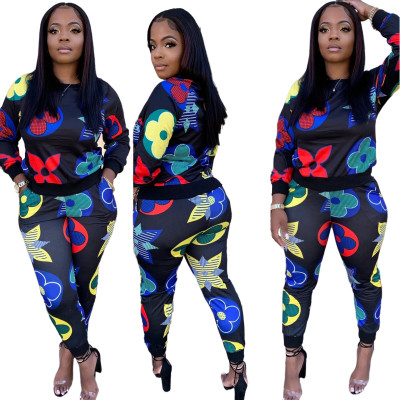 Casual Pattern Printed Round Neck Long Sleeves Top With Trousers Two Piece Sets SMR9937