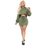 Fashion Solid Color Long Sleeves Hooded Mini Sweater With Drawstring Mini Skirt Two Piece Sets GL622
