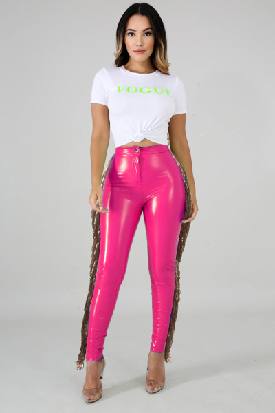 Fashion Tassel Stitching High Elastic Leather Long Pants A3241