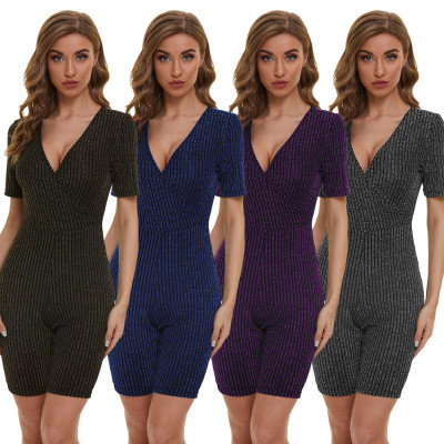 Sexy fashion casual comfortable short-sleeved shorts V-neck jumpsuit SMR10025