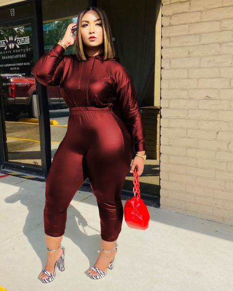 Fashion PU Leather Long Sleeves Hooded Sweater With Drawstring Trousers Two Piece Sets C3034