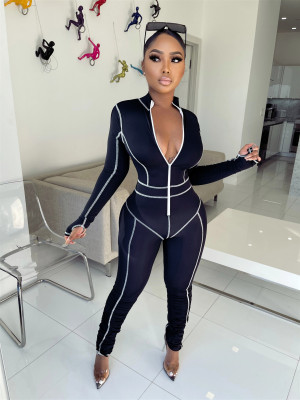 Casual Stitching Zipper V-Neck Long Sleeves Skinny Yoga Jumpsuit  F8325
