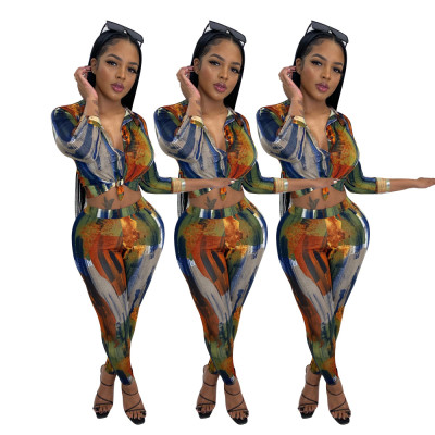 Fashion Tie Dye Long Sleeves Cropped Shirt With Trousers Two Pece Sets BS141