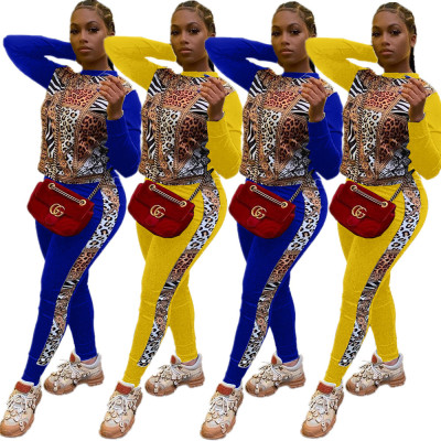 Fashion Leopard Printed Stitching Round Neck Long Sleeves Top With Trousers Two Piece Sets S6257