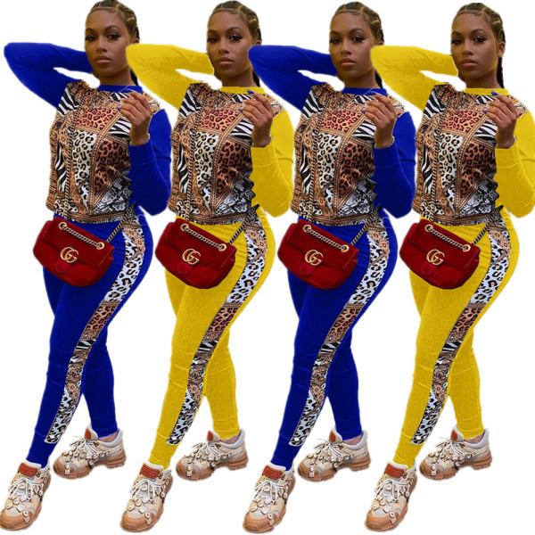 Fashion Leopard Printed Stitching Round Neck Long Sleeves Top With Trousers Two Piece Sets S6257