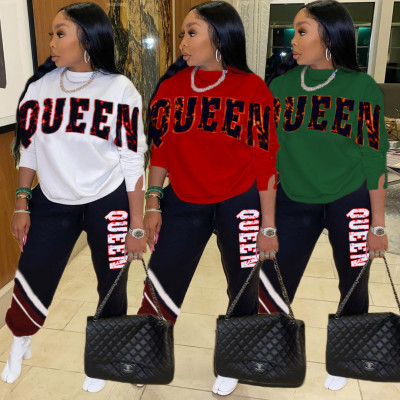 Casual Letter Printed Round Neck Long Sleeves Top With Straight Trousers Two Pieces Sets SSD1197