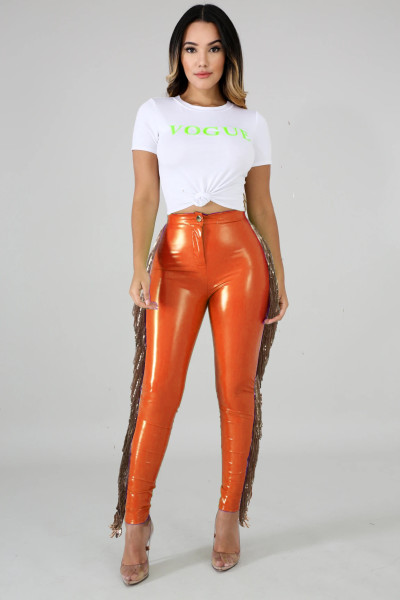 Fashion Tassel Stitching High Elastic Leather Long Pants A3241