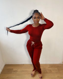 Casual Round Neck Long Sleeves Top With Strappy Drawstring Trousers Two Piece Sets CY8059