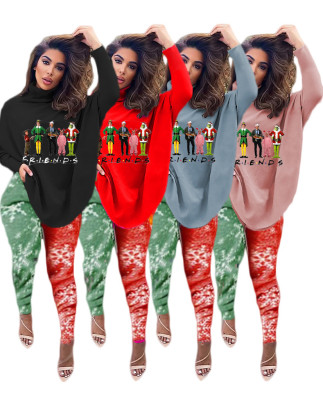Fashion Christmas Style High Collar Long Sleeves Top With Trousers Two Pieces Sets SSD1196