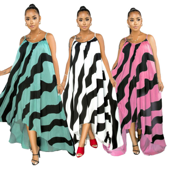 Fashion Striped Printed Suspenders Backless Irregular Long Dress PP007
