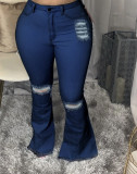 Fashion Solid Color Hole Flared Jeans A3233