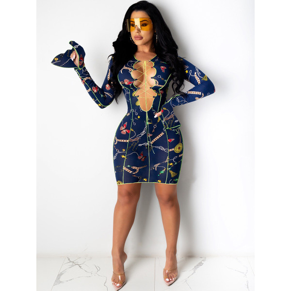 Sexy Pattern Printed V-Neck Strappy Long Flared Sleeves Mini Bodycon Dress CY1280