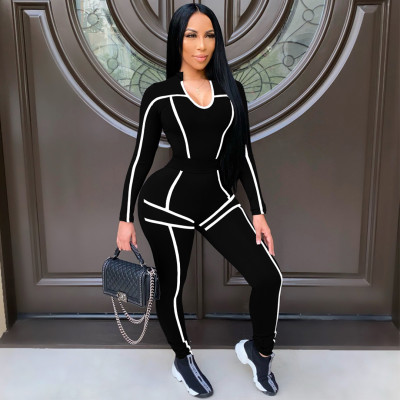 Sports V-Neck Long Sleeves Top With Trousers Yoga Two Piece Sets SM9136