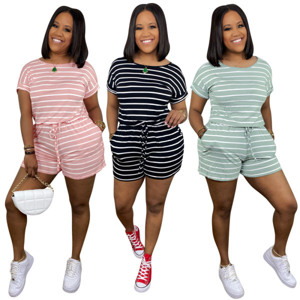 Summer new style striped drawstring zipper jumpsuit YYU6561