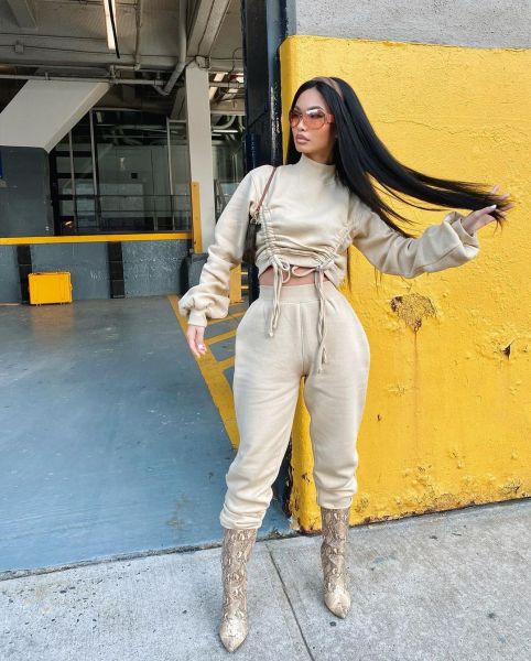Autumn Solid Color High Collar Long Sleeves Drawstring Mini Top With Trousers Two Piece Sets WYM2028