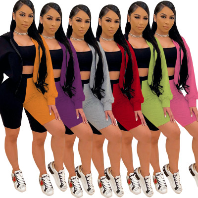 Long-sleeved five-point pants casual two-color color matching jogging sports suit three-piece suit Q
