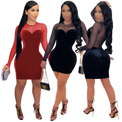 Fashion sexy Korean velvet mesh stitching short dress ML7416