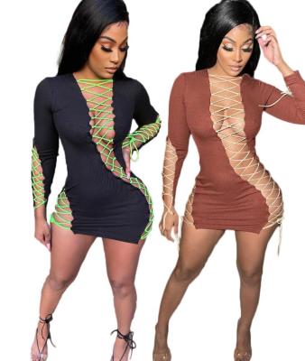Womens new lace-up solid color irregular lace-up embroidered sexy dress SSD2102105