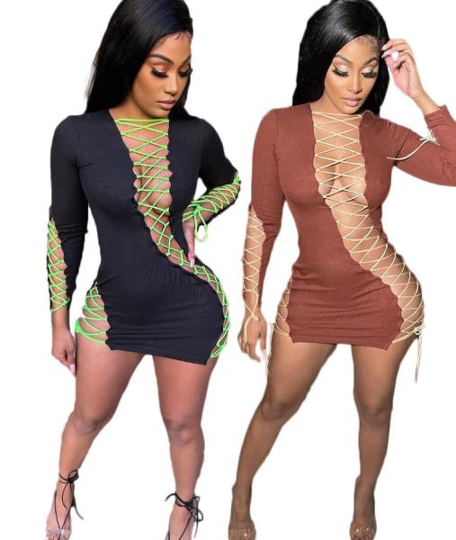 Womens new lace-up solid color irregular lace-up embroidered sexy dress SSD2102105