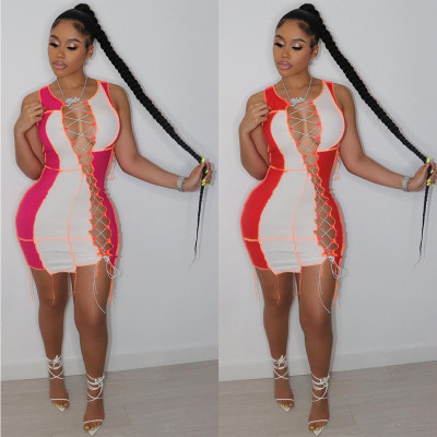 Fashion sexy Womens dress stitching contrast color tie dress MN9288