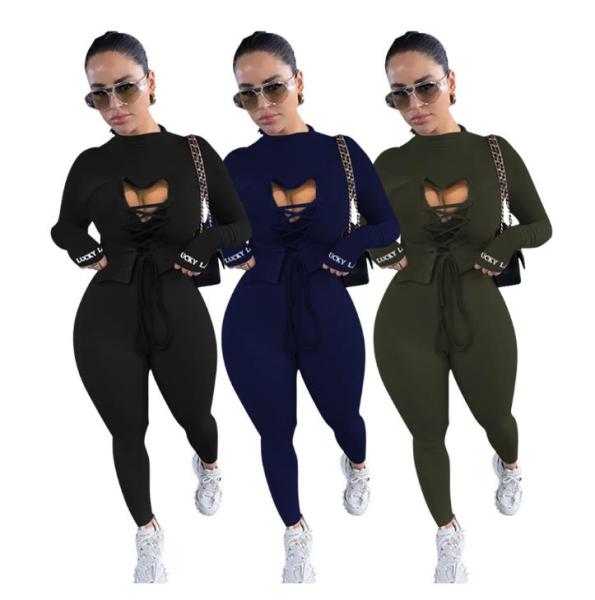 Sexy Letter Embroidery Round Neck Long Sleeves Hollow Out Lace-Up Mini Top With Trousers Two Piece S