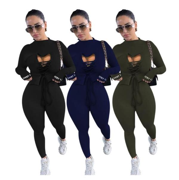 Sexy Letter Embroidery Round Neck Long Sleeves Hollow Out Lace-Up Mini Top With Trousers Two Piece S