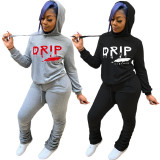 Casual Letter Printed Long Sleeves Hooded Sweater With Trousers Two Piece Sets ML157