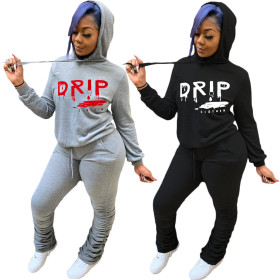 Casual Letter Printed Long Sleeves Hooded Sweater With Trousers Two Piece Sets ML157