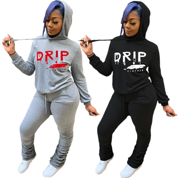 Casual Letter Printed Long Sleeves Hooded Sweater With Trousers Two Piece Sets ML157