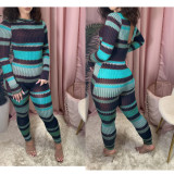 Fashion Striped Printed Knitting Long Sleeves Hollow Out Jumpsuit TS1072