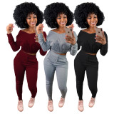 Casual Solid Color V-Neck Long Sleeves Cropped Top With Drawstring Trousers Two Piece Sets LM8199