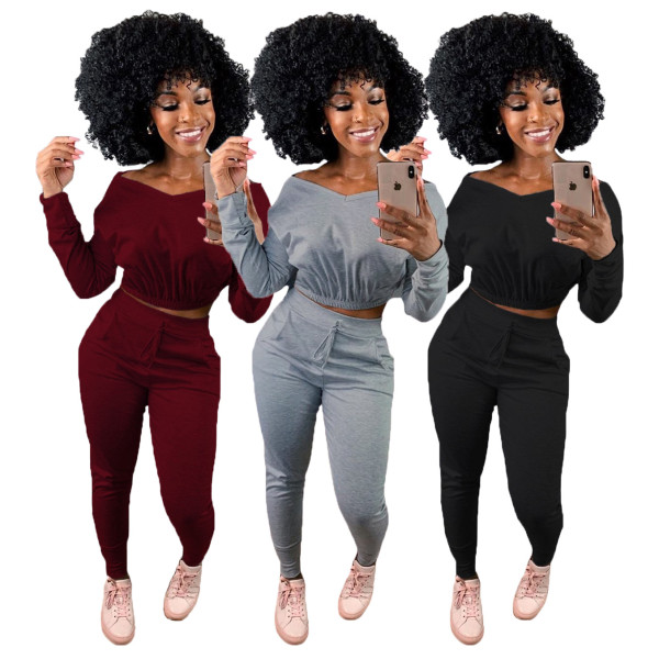 Casual Solid Color V-Neck Long Sleeves Cropped Top With Drawstring Trousers Two Piece Sets LM8199