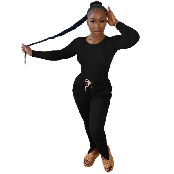 Casual Round Neck Long Sleeves Top With Strappy Drawstring Trousers Two Piece Sets CY8059
