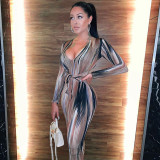 Feminine temperament personality printed long-sleeved V-neck dress D9B1471W
