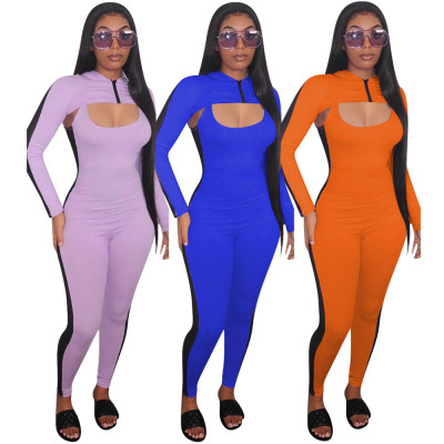 Sexy Suspenders Backless Jumpsuit With Long Sleeves Hooded Cropped Top Two Piece Sets YMT6178