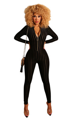 Autumn Velvet Zipper V-Neck Long Sleeves Skinny Jumpsuit FM1168A