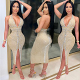 Sexy Sequins V-Neck Sleeveless Backless Midi Skinny Dress XZ3732