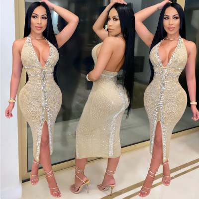 Sexy Sequins V-Neck Sleeveless Backless Midi Skinny Dress XZ3732