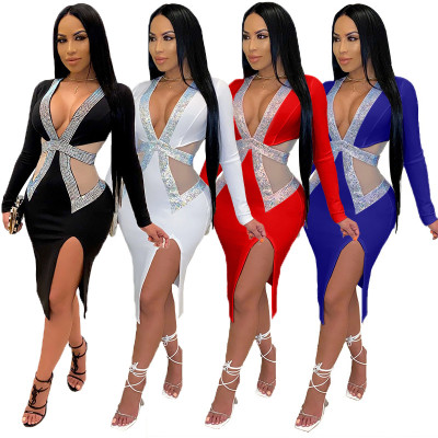 Sexy Mesh Stitching Sequins V-Neck Long Sleeves Split Midi Dress CCY8820