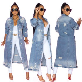 Fashion Womens ripped long-sleeved denim windbreaker jacket cardigan denim cloak JLX6083