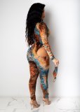 Sexy Printed Hollow Out Zipper V-Neck Long Sleeves Skinny Jumpsuit TH3572