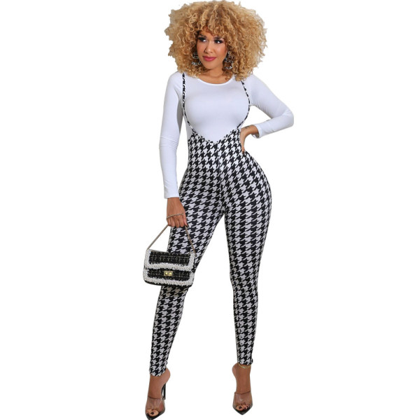Fashion Round Neck Long Sleeves Top With Printed Trousers Skinny Two Piece Sets FX236