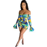 One-shoulder mesh printed see-through dress SY8806