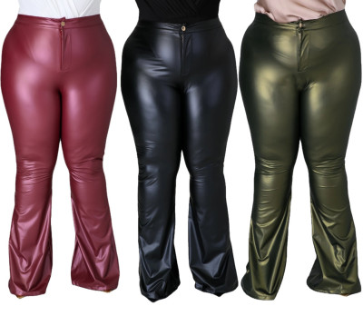 Plus Size High Waist Flared Pants Leather Trousers  QJ5274