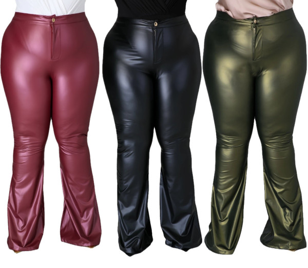 Plus Size High Waist Flared Pants Leather Trousers  QJ5274