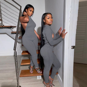 Fashion Solid Color Sleeveless Backless Skinny Jumpsuit With Mini Coat Plus Size Two Piece Sets Q291