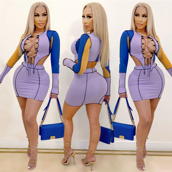 Sexy Contrast Round Neck Long Sleeves Long Sleeves Lace-Up Mini Top With Mini Skirt Two Piece Sets Y