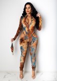 Sexy Printed Hollow Out Zipper V-Neck Long Sleeves Skinny Jumpsuit TH3572