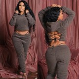 Winter Solid Color Long Sleeves Backless Lace-Up Hooded Sweater With Trousers Two Pieces Sets FF1073